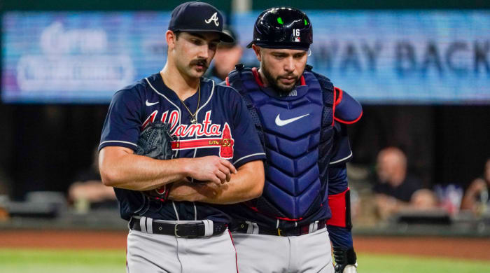 Atlanta Braves starting pitcher Spencer Strider and catcher Travis d'Arnaud.